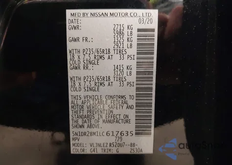 2020 Nissan Pathfinder Sv 4Wd z USA, uszkodzony, nr VIN 5N1DR2BM1LC617635